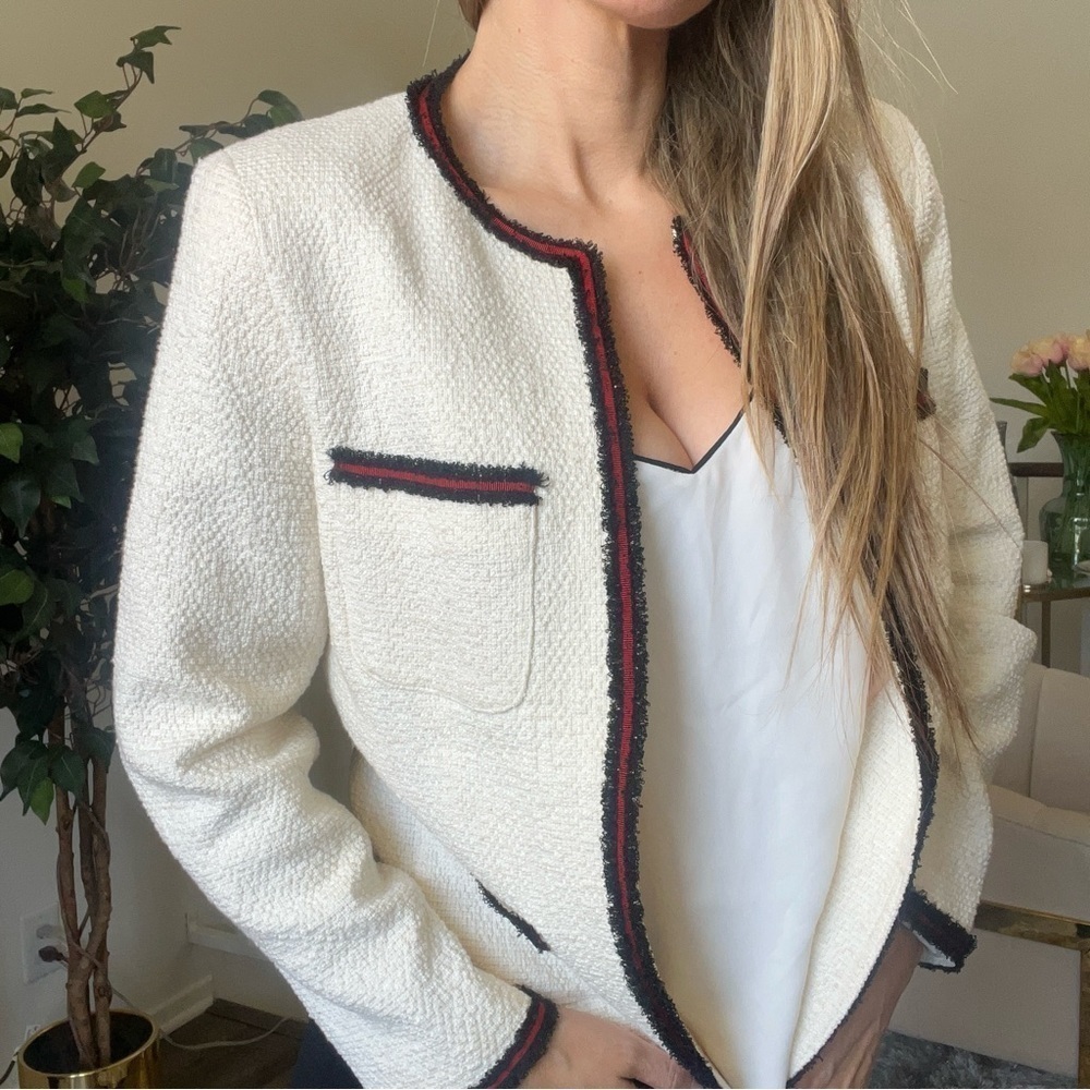 Gerard Darel Ivory Woven Tweed Blazer Long Sleeves Mock Neck Mid Length Summer M - Picture 5 of 15